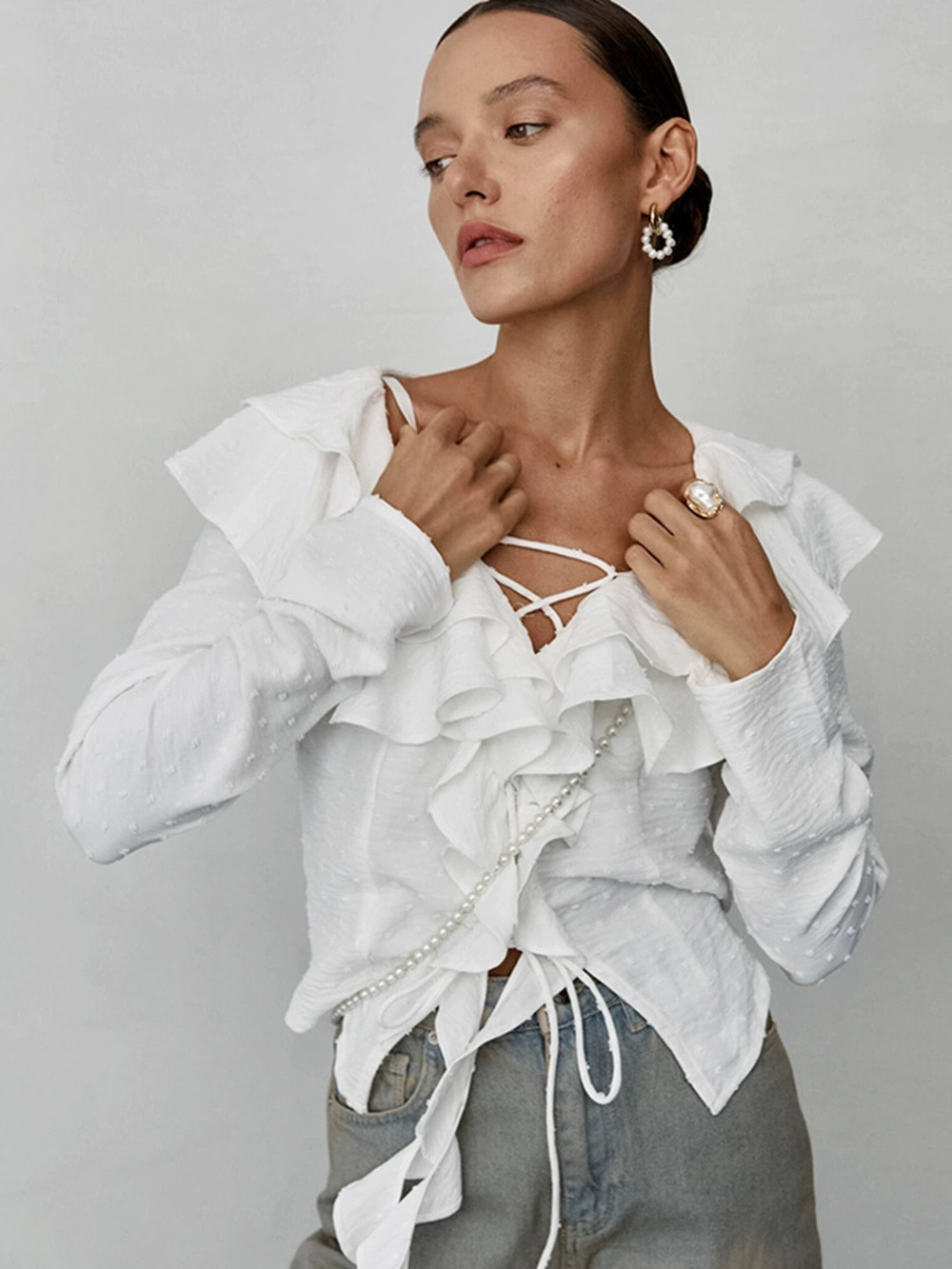 Forever 21 Tie Ruffle Blouse White Long Sleeve Bubble Crinkle